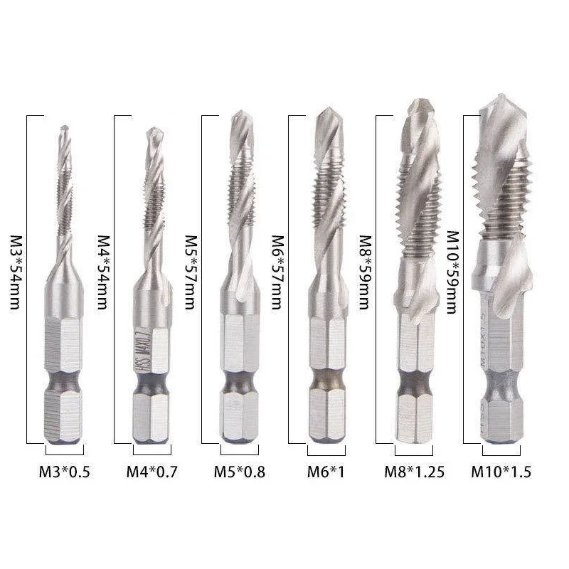 Combination Drill And Tap Bit Set Of 6 Pcs Fractional With 1/4" Hex
