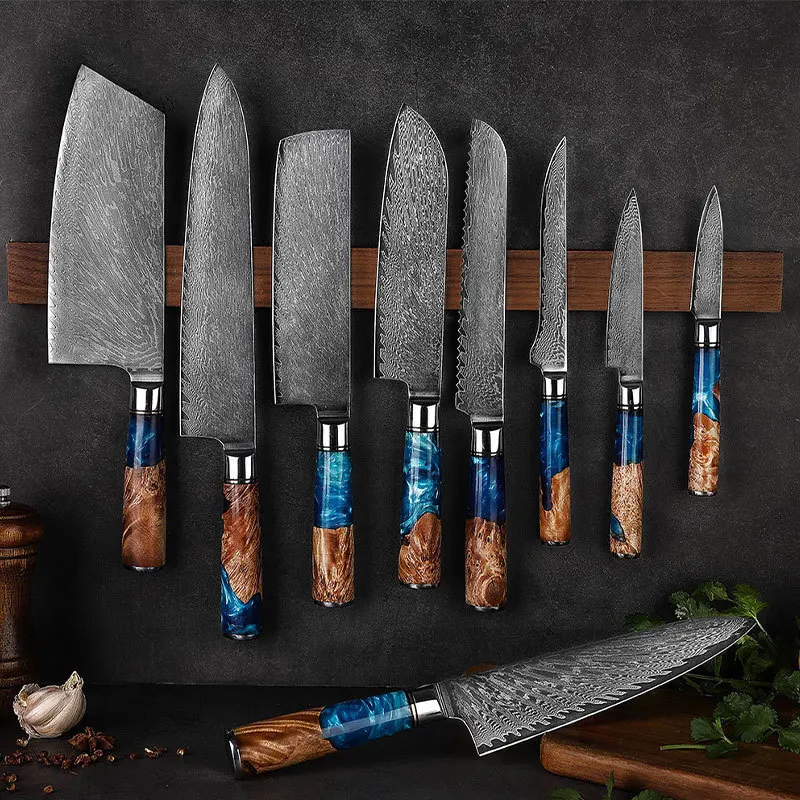 

Stable wood Resin handle 9 pcs set 67 layers Damascus steel knives Chef knife