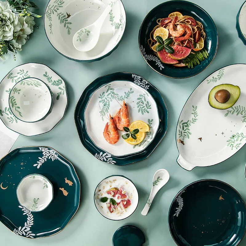 

Nordic Ceramic Tableware Set Household Steak Plate Small Fresh Creative Tableware Western Plate Dish Bowl Spoon, Green