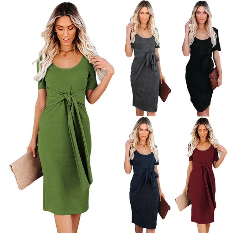 

Fashion Women Short Sleeve Round Neck Pleated Bow Belt Irregular Dress Solid Color Women Party Dress Bandage Dresses for Female