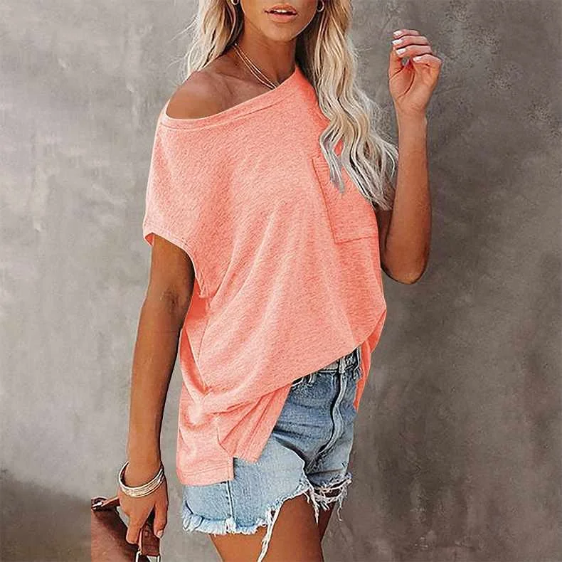 

Summer New Women's Tops Solid Color Pockets Strapless Round Neck Short Sleeve Women's T-shirt, Picture showed