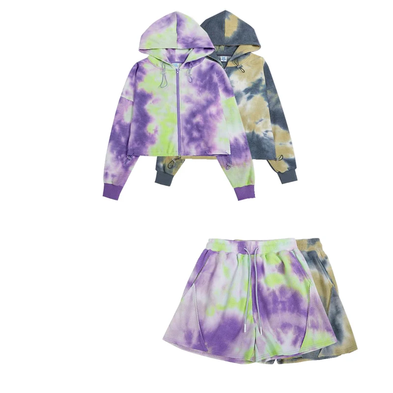 

Hot sale waffle fabric tie dye shorts and cropped hoodies top sets womens clothing two piece fashion, Customized color