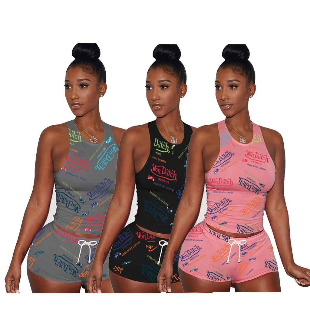 

summer casual full printed women two piece set sleeveless letter printed new arrive 2021 workout shorts set, Custom choose