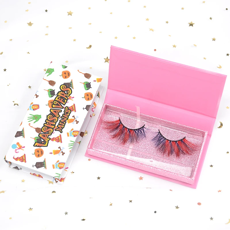 

Wholesale Luxury 25mm strip lashes colorful mink lashes with false lashes glue and christmas box, Customized color