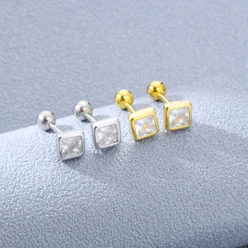 

New Arrival S925 Sterling Silver Crystal Square Screw Back Earrings Sterling Silver Geometric Stud Earrings