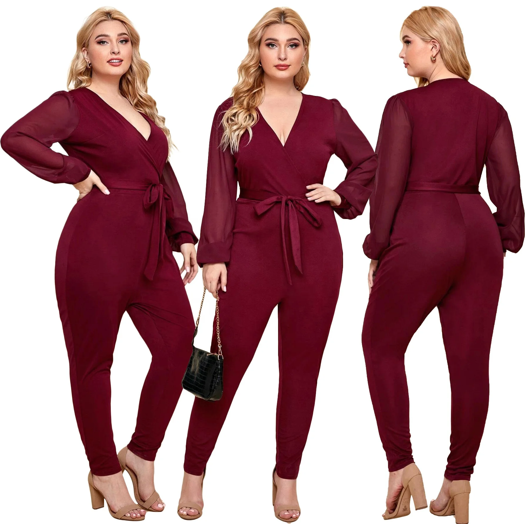 

Deep V-neck Jumpsuits Long Sleeves Jumpsuit MT65-2128 Women Sexy Lace up Solid Color Pencil Pants Casual Full Length Regular