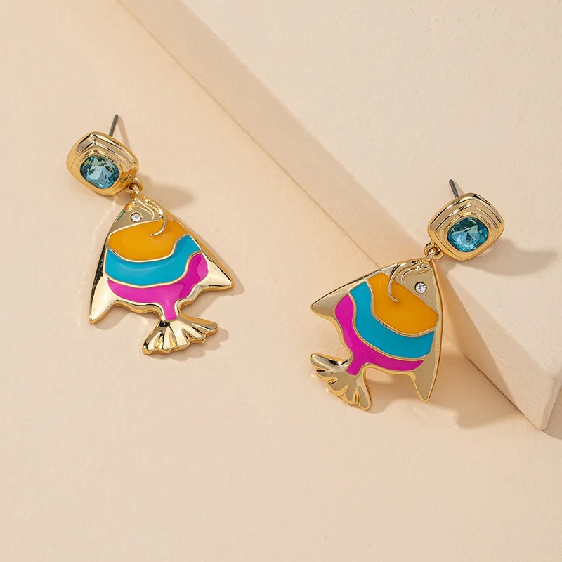 

Cute Design Tropical Fish Drop Earring Crystal Rhinestone Enamel Goldfish Dangle Stud Earring