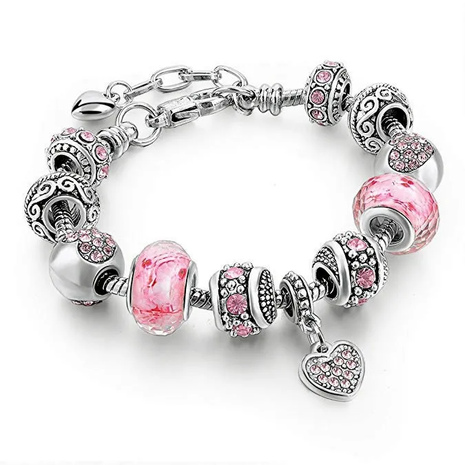Silver Chain Crystal Love Heart Bead Charm Bracelet