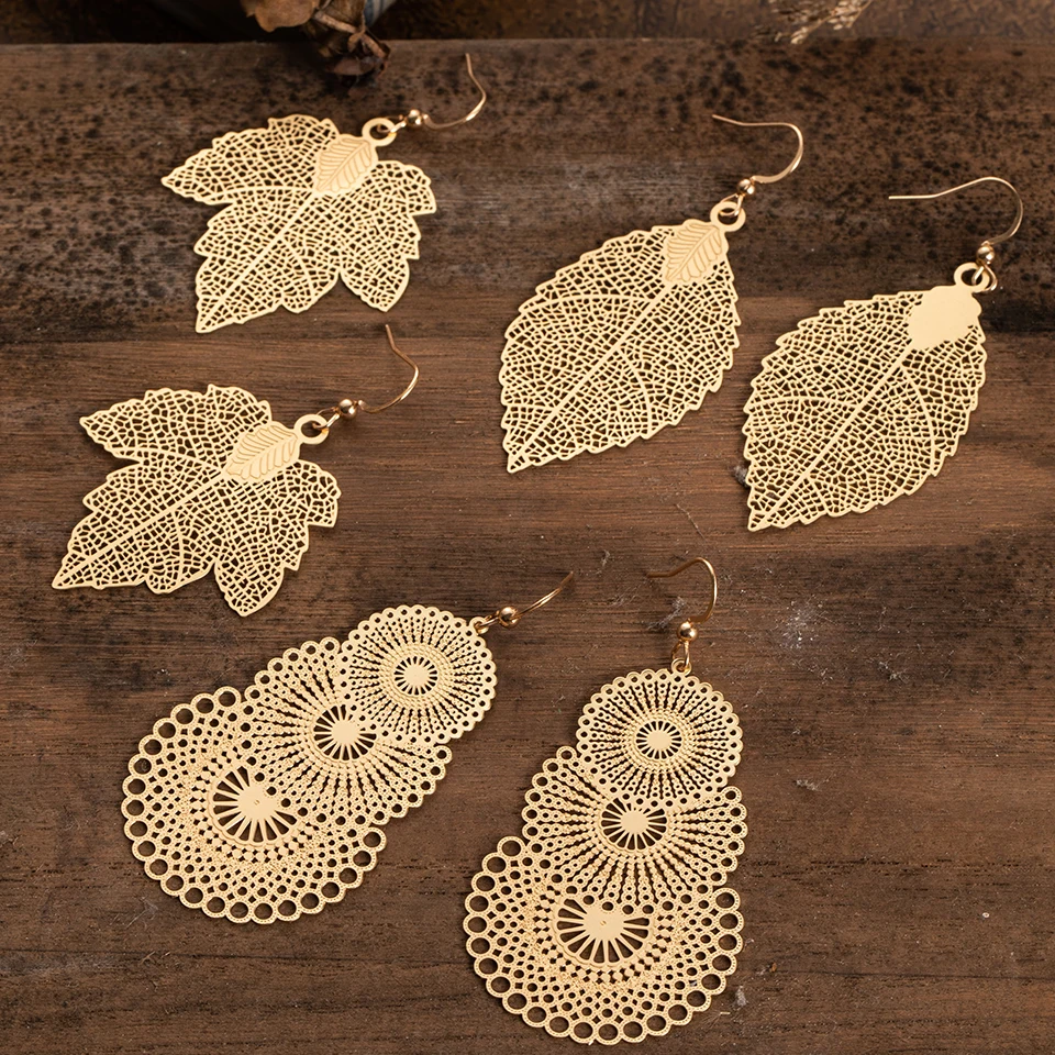 

JINGLIANG Vintage Boho Gold Ethnic Leaf Earrings For Women Female Jewelry Accessories, Colorful