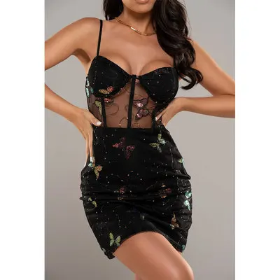 

F40382A 2021 Hot style sexy slip dress see-through retro butterfly sequin women dresses, As picture