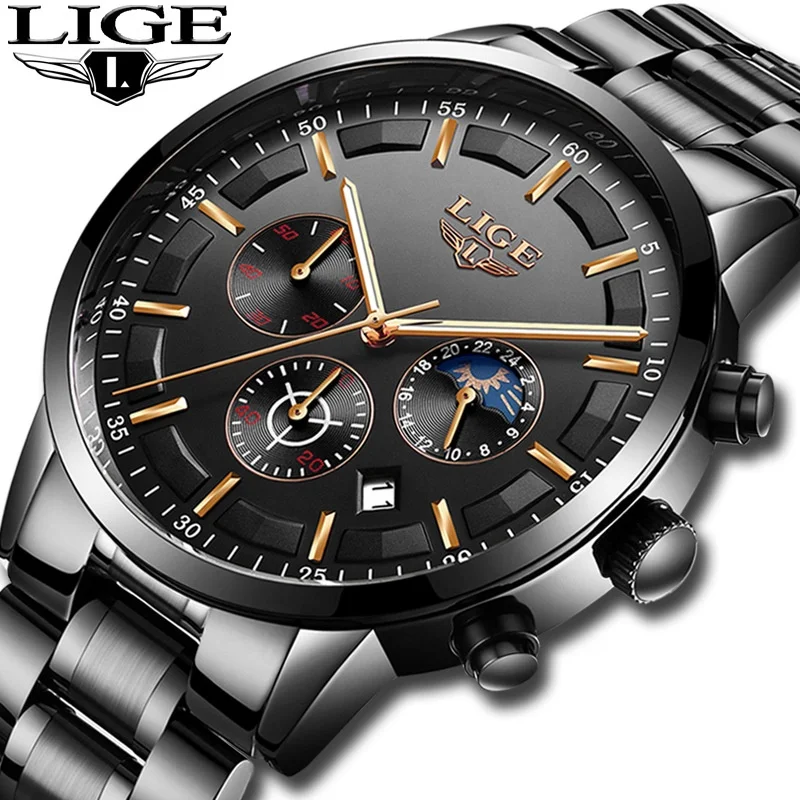 

LIGE New 9877 Watch Fashion Minimalist Watches Men Luxury Brand Waterproof Stainless Steel Military Wrist Relogio Masculino, As shown