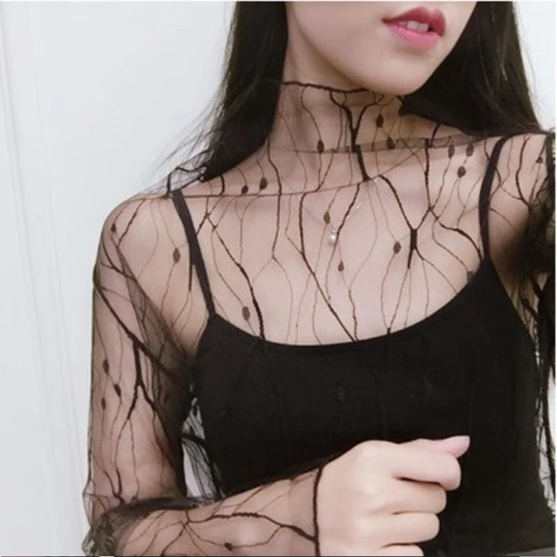 

Long Sleeve Stand Collar Female Casual Polka Dot Star Shirt Transparent Elegant Tees 2021 Women Tops