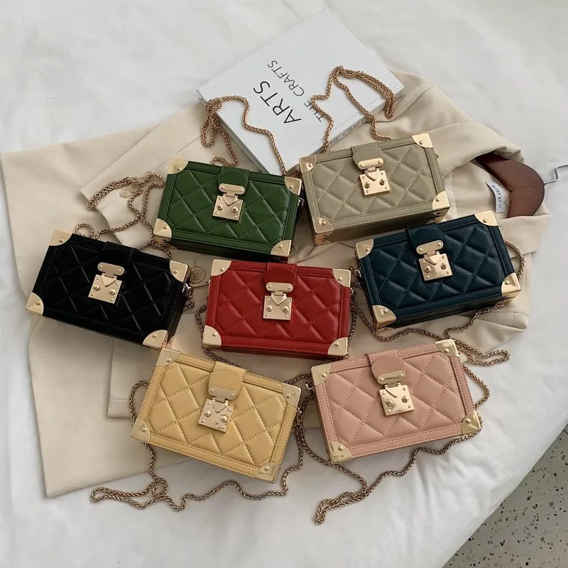 

Fashion solid color diamond lattice chain square box messenger handbags women checkered purse, 7 colors