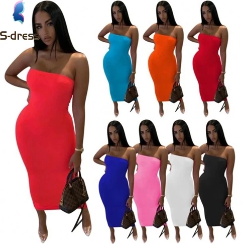 

Wholesale Summer Elegant Lady Dresses Strapless Solid Color Straight Women Casual Midi Long Dresses