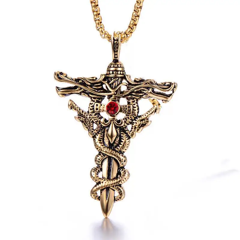 

2021 stainless steel jewelry double dragon sword stainless steel necklace pendant retro punk pendant men's Cross Pendant