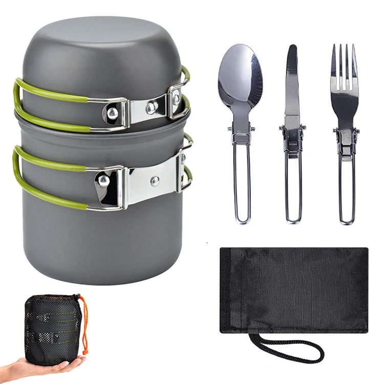 

5 in 1 Aluminium Folding Handle Camping Cooker Set Cooking Pot Spoon Fork Knife Set Portable Outdoor Cookware Set Mess Kit, Gray