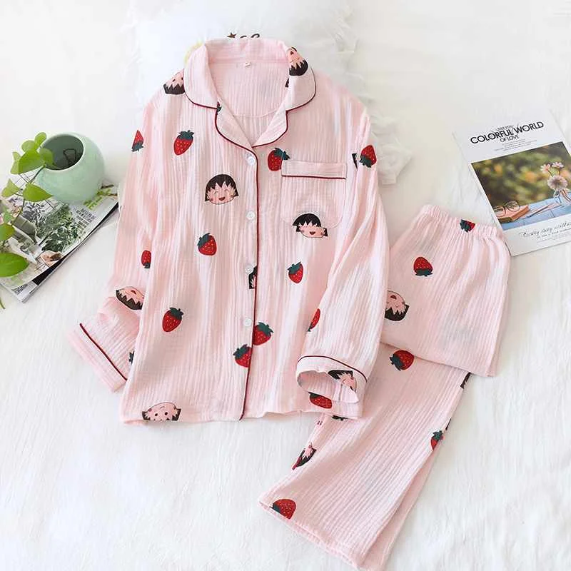 

Japanese style spring and autumn ladies cotton crepe sleepwear suit cute cartoon long sleeve trousers home service woman summer, Required