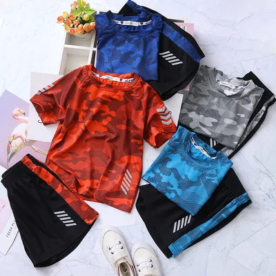 

IHJ4628 Kids clothes 2021 summer new boy's camouflage print sports two-piece set