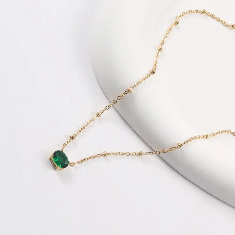 

JOOLIM High End Stainless Steel Jewelry Oval Green Zirconia Pendant Cable Chain Beads Necklace 18K Gold Plated Jewelry Wholesale