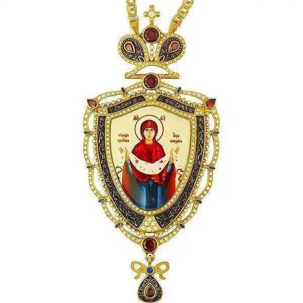 

2021 Newest Christian Russian Necklace with Gold and Black Gun Plated Greek Orthodox Pectoral Cross Virgin Icon