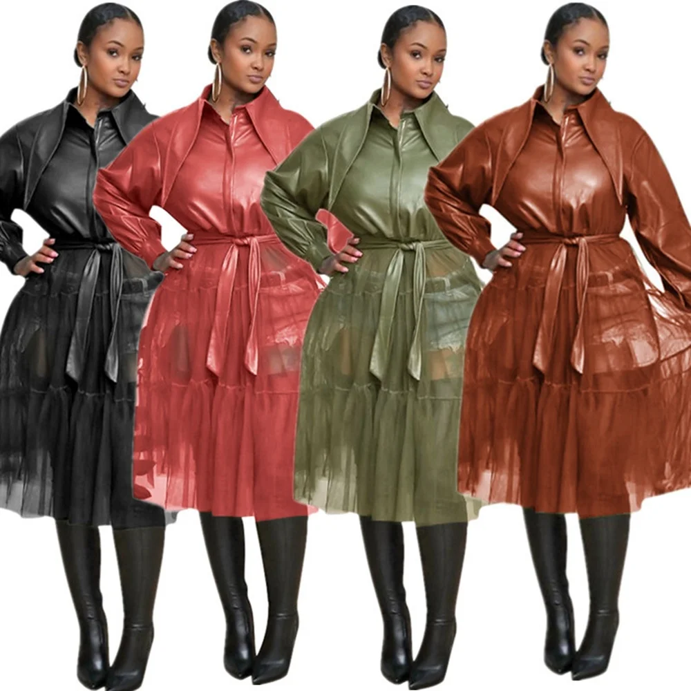 

Faux Leather Jacket Women Belted Long Fashion Trench Coats