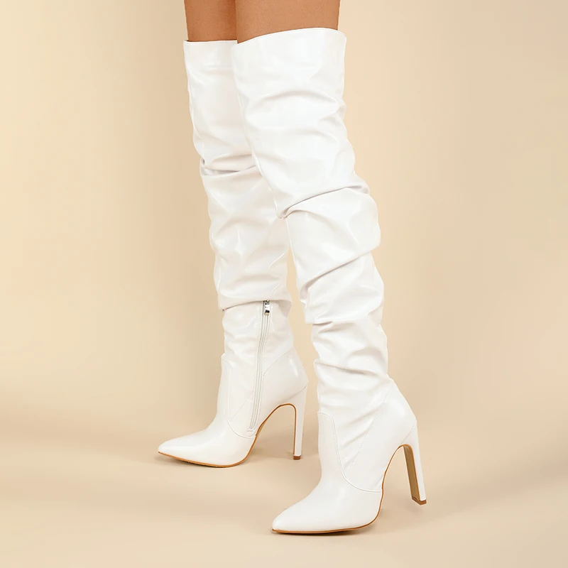 

Fashion Stivali Donna 2022 Pointed toe White Over the Knee Heels Tacones Talons Zipper 35-42 Size Thigh High Boots for Women