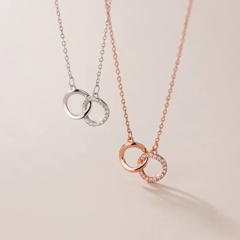 

S925 sterling silver jewelry interlocking temperament rose gold double ring geometry best friend necklace lady, Silver/rose gold