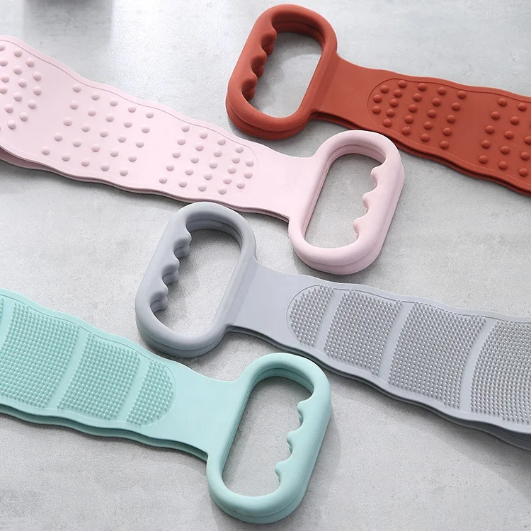 

Amazon Hot Sale Silicone Bath Brush Exfoliating Back Scrub Belt Bath Body Brush, Pink, green, gray, orange