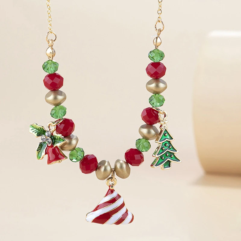 

European And American Trend Christmas Tree Clavicle Chain Necklace Agate Beads Pendant Snowman Necklace, Picture shows