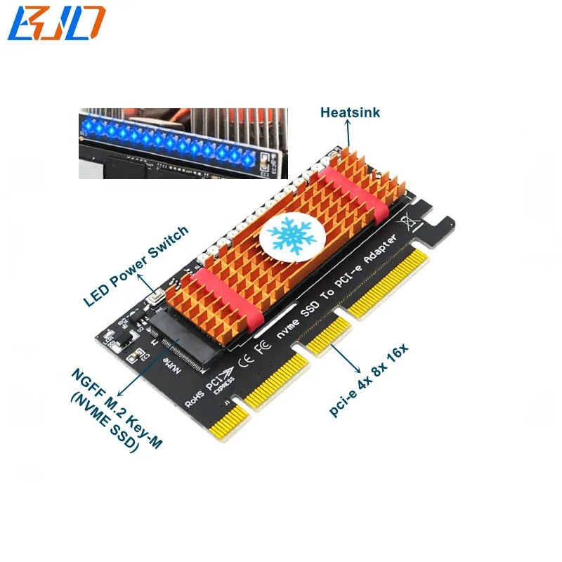 

M.2 NGFF Key-M Nvme SSD Adapter to PCI-E PCIe 4X 8X 16X Converter Card With Colorful Flash LED and Heatsink