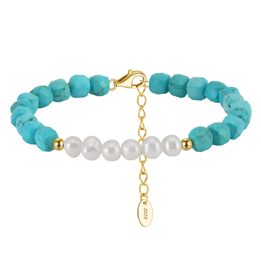 MPB08 RINNTIN Gold Natural Freshwater Pearl Turquoise Bracelet 925 Sterling Silver Adjustable Beaded Bracelet for Women