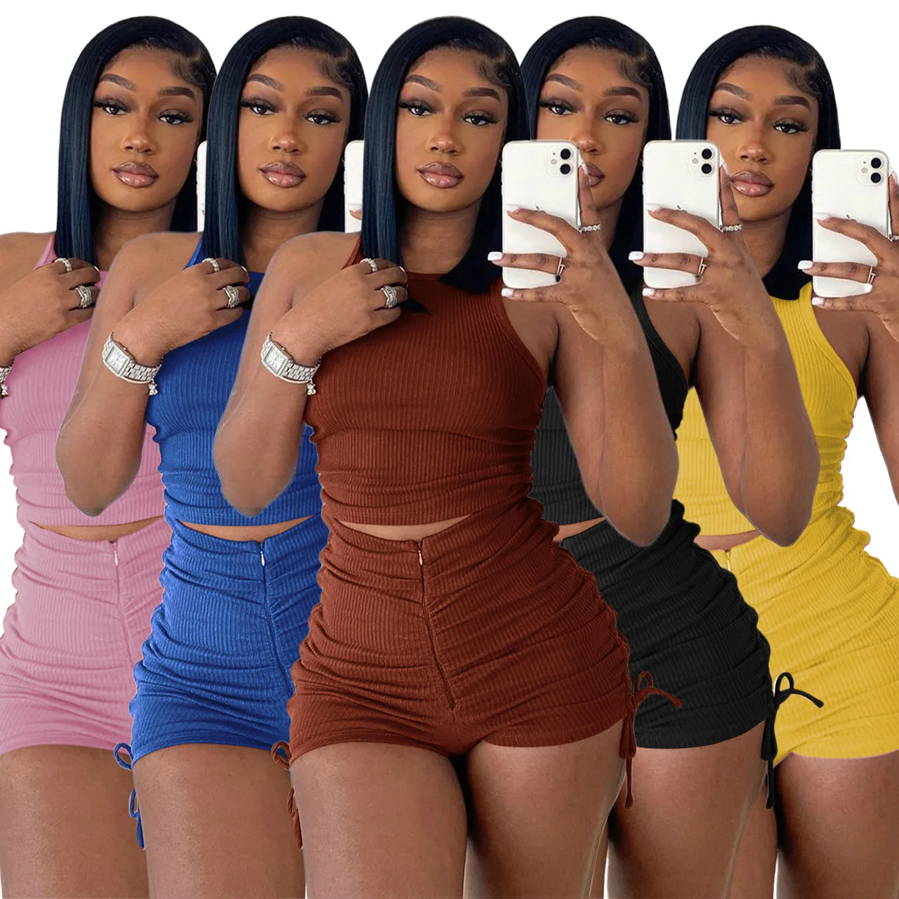 

ME22Y8038 2022 new arrival summer solid color tank zipper short sleeves high elasticity casual 2 pieces women pants sets, Picture color