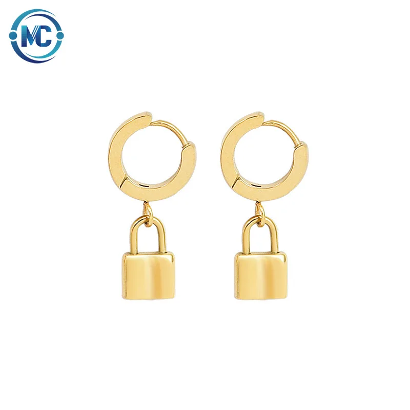 

2021 Street Fashion Lock Pendant Stainless Steel Earrings Jewelry Women High Quality Titanium Steel 18K Gold Plated Earrings, Gold,silver