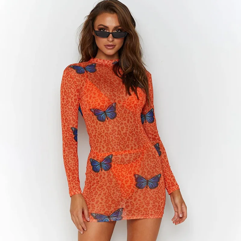 

2021 New Arrivals Printing Long Sleeve Sexy Party Dress Butterfly Print Dress Round Neck Long Sleeve Butterfly Dresses, Oranger