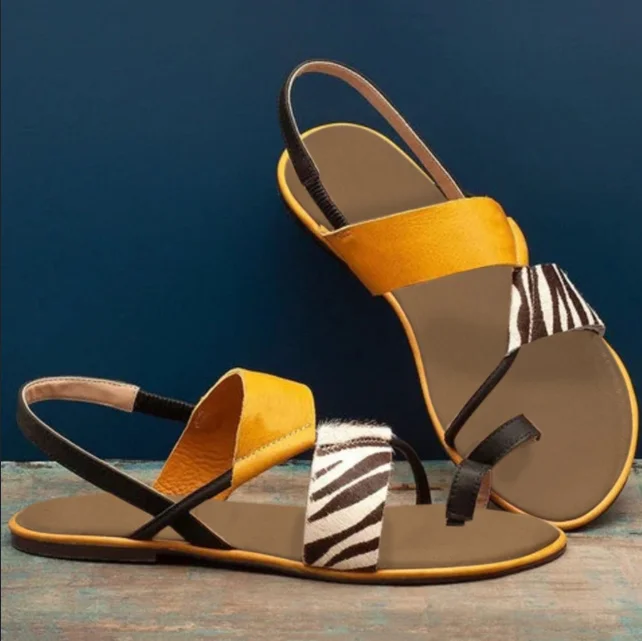 

Women's sandals new summer 2021 comfortable flat bottom buckle belt women's shoes toe stripe casual sandals, Yellow