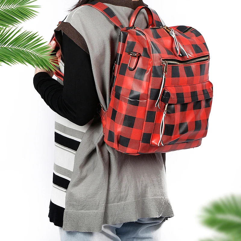 

Large Capacity Plaid Backpack Wholesale Personalized Waterproof Leather Plaid Backpack, As pics show