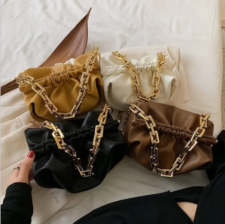 

2021 Clamp opening large size luxury armpit chain soft PU leather thick chain handbag cloud bag dumpling folding cloud bag solid, Colors