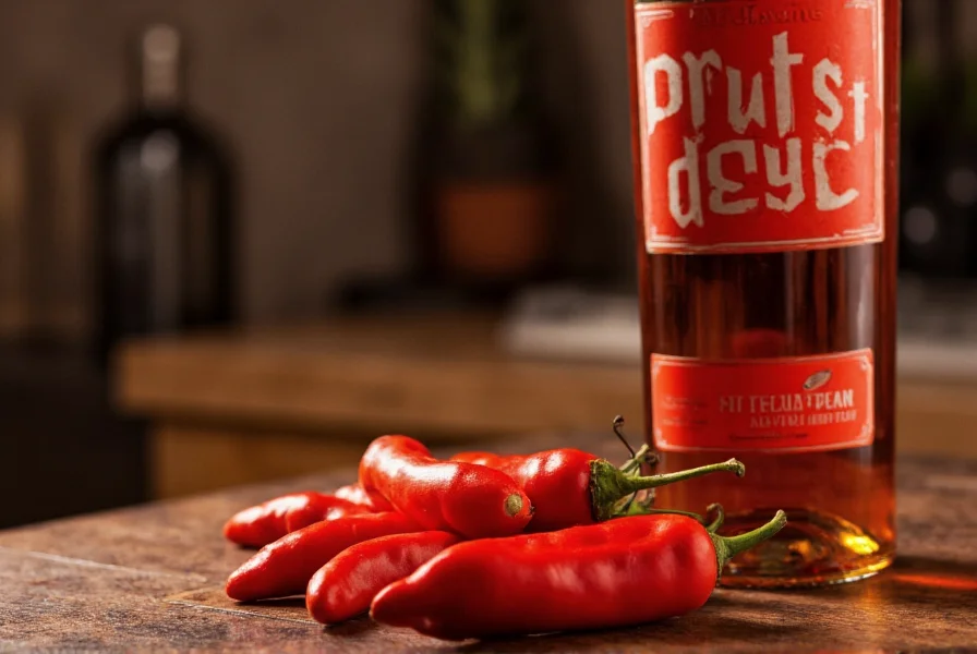 Close-up of ghost pepper tequila bottle next to fresh ghost peppers on wooden bar surface