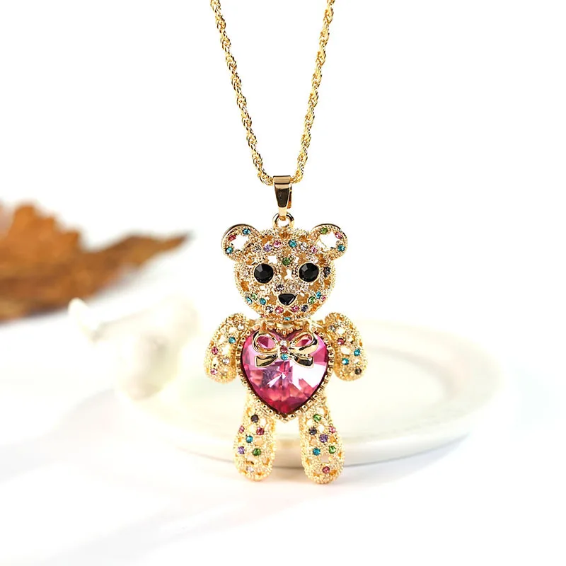 

Gold plated jewelry fashion crystal love heart teddy bear necklace for women