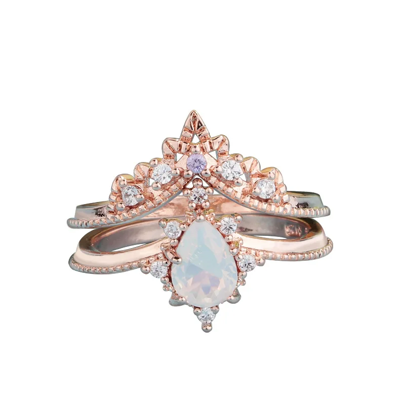 

Factory wholesale jewelry new set ring Moonstone crown double-layer combination ring copper plated rose gold pair ring