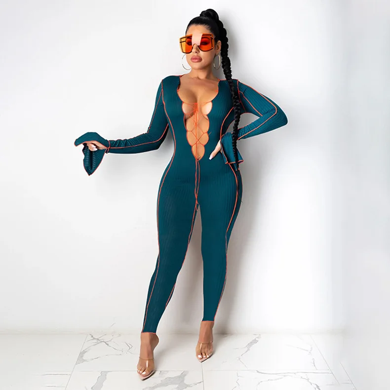

new jumpsuit 2021 knit one piece bandage v-neck flared sleeves jumpsuits for women