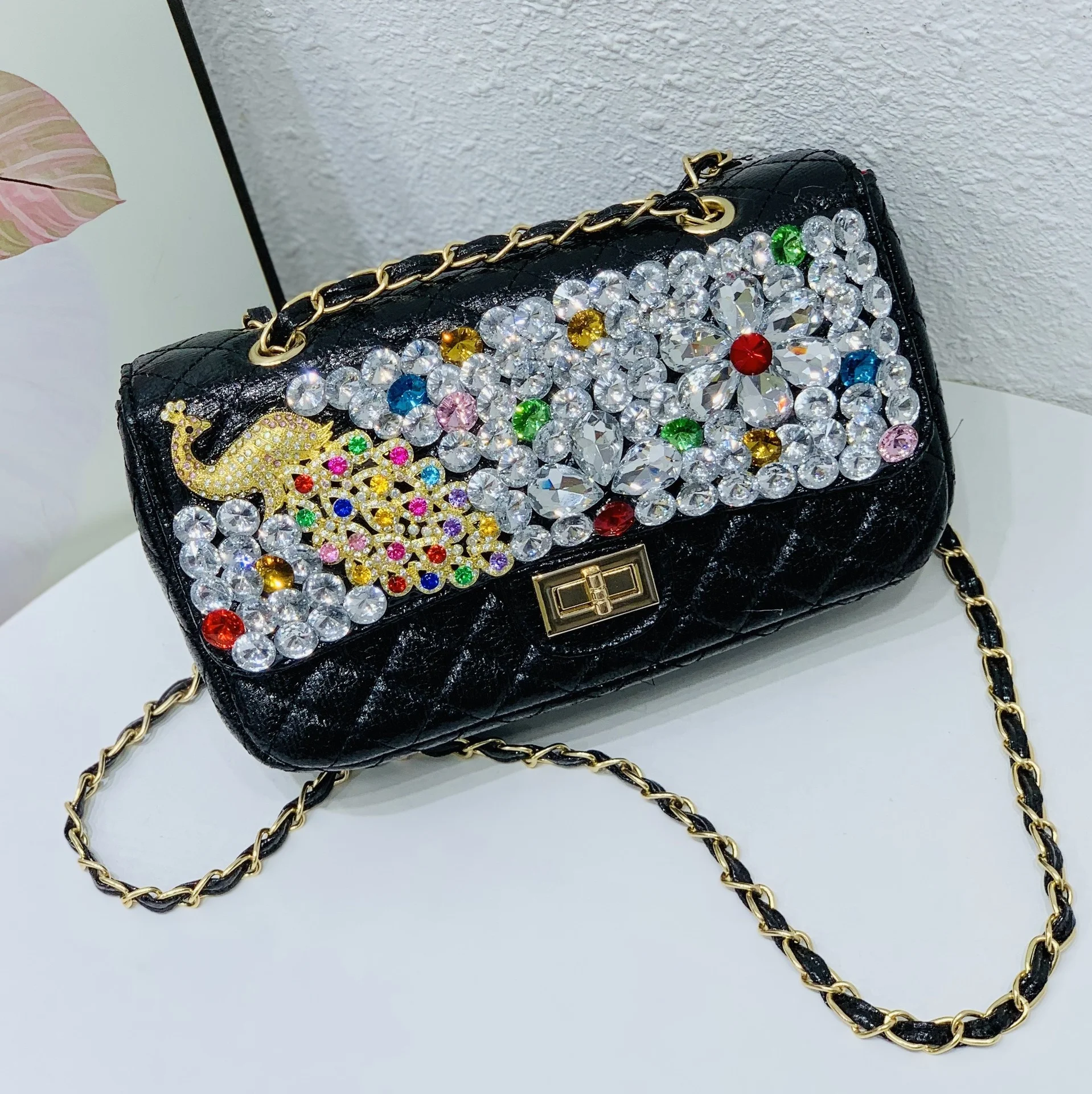 

2022 Solid PU Leather Handbag Drop Shipping Cross Shoulder Bags for Office Ladies Small jelly Size Women Rhinestone Chain Purse