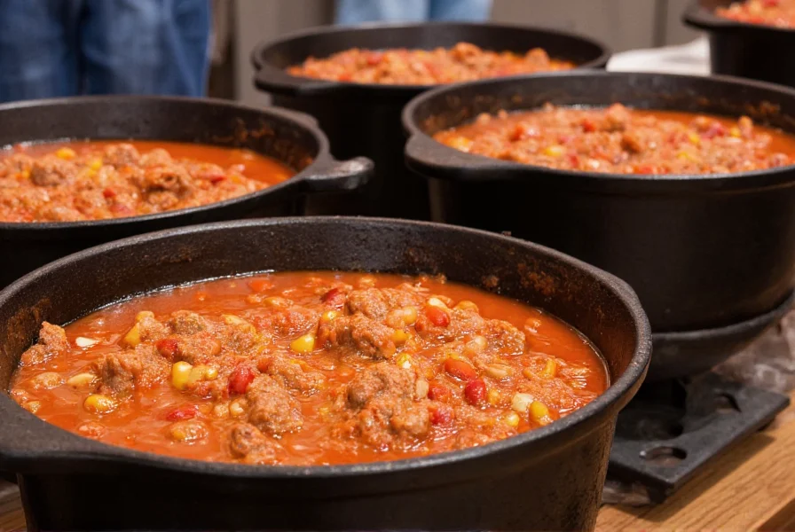 Texas chili cook-off competition with cast iron pots showing rich red meat stew without beans