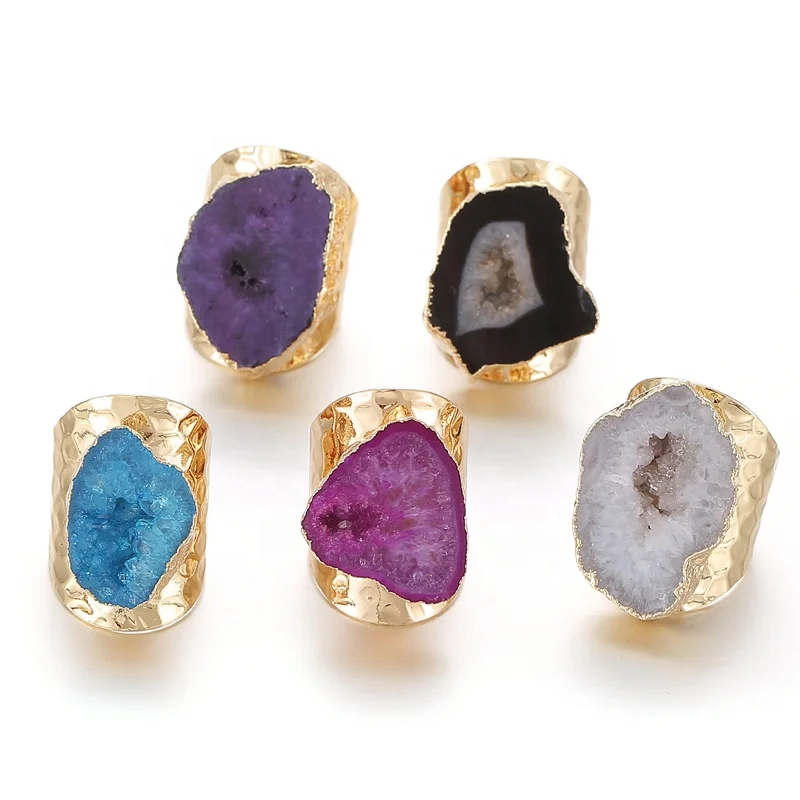 

Irregular Geode Genuine Stone Geode Open Ring for Women Adjustable Agate Rings Riki Jewelry With Gold Plated, Picture shows