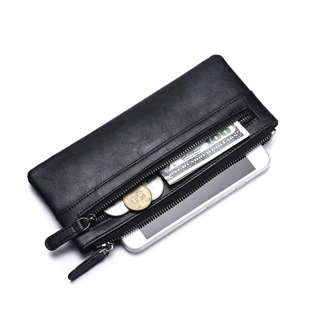 

2021 New Double layers Soft PU leather Men Long Wallets Men's Mobile Phone Bag Money Card Holder case Business Leisure Wallet, Black