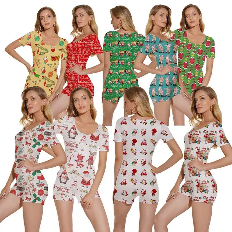

2021 New Fashion European And American Christmas Printed Deep V Pajamas Catsuit, 9 colors