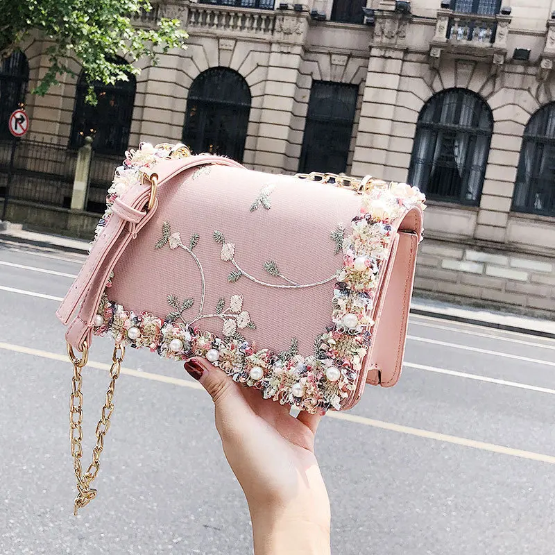 

Fancy Clutch Handbag With Cute Charms,Pearl With Colorful Cloth Flower Design Purse,Pink Leather Satchels Handbags Women, Red / black / brown