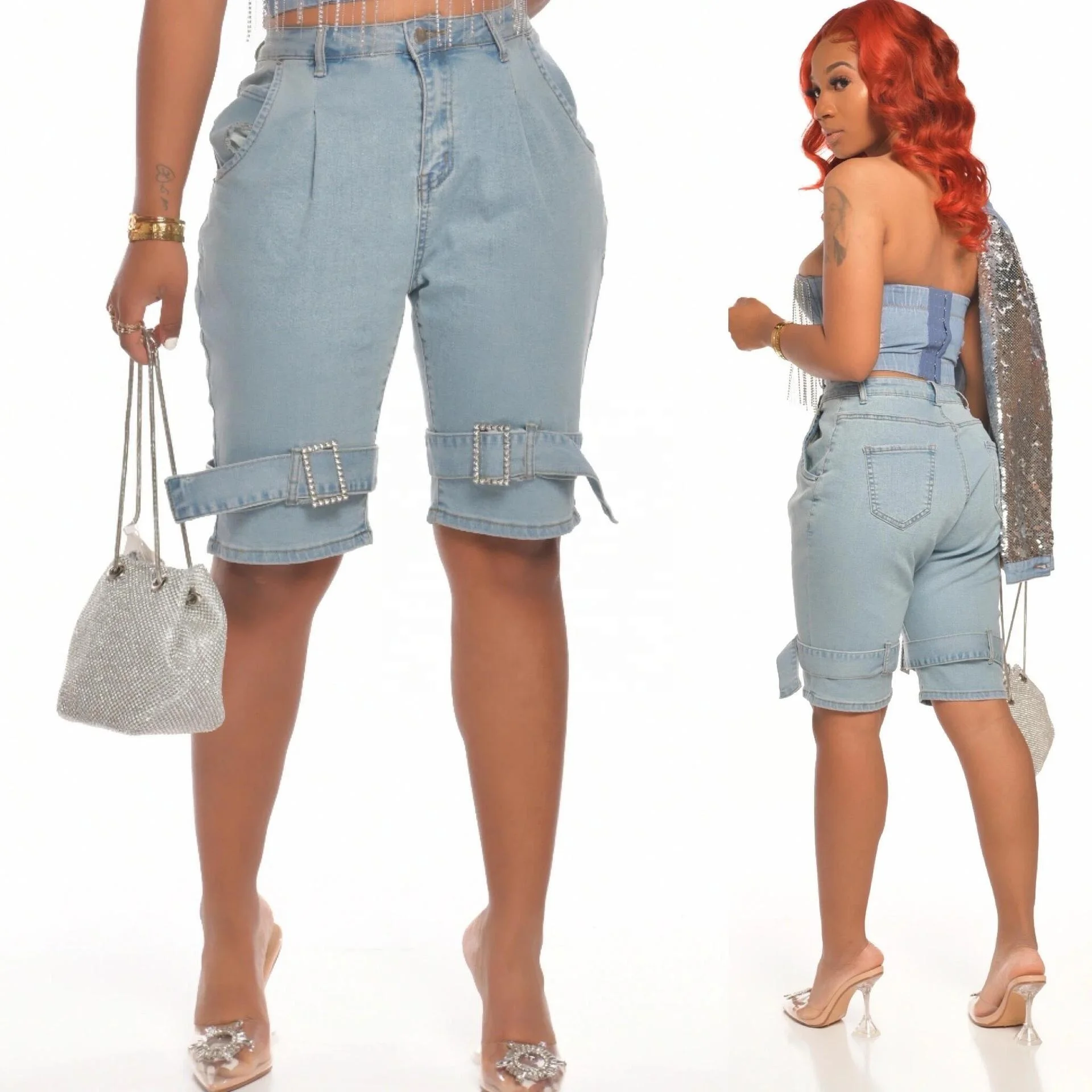 

B62945A American women's shorts hot style slim-cut tassel jeans, As picture
