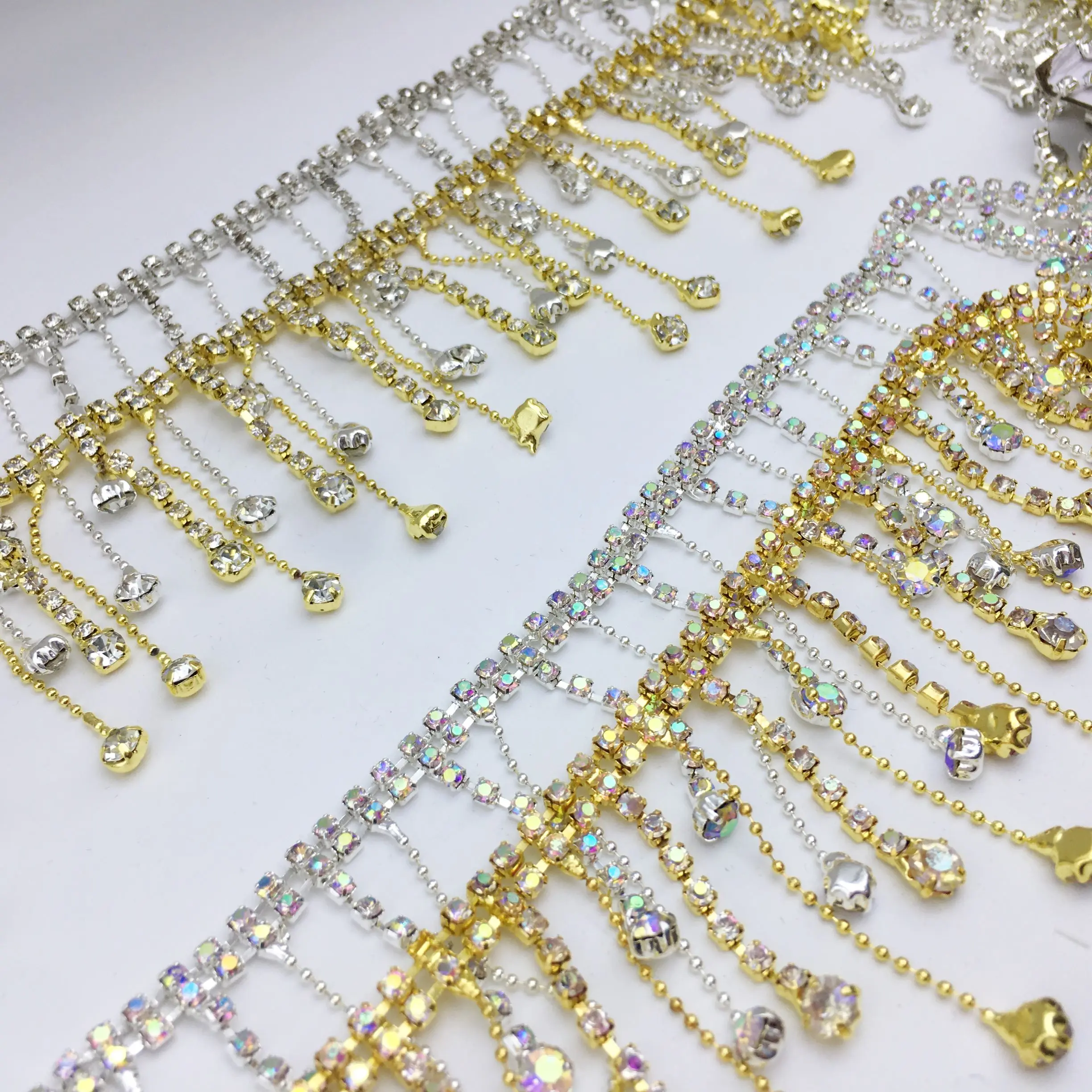 SINRONG Classic Tassel Chain Gold Silver Dual Color Diamond White/AB Fancy Claw Chain Clothing Decoration DIY Chain Bead