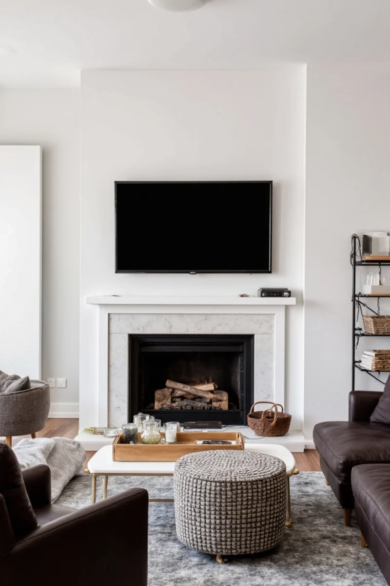 Tilting TV mount installed above fireplace